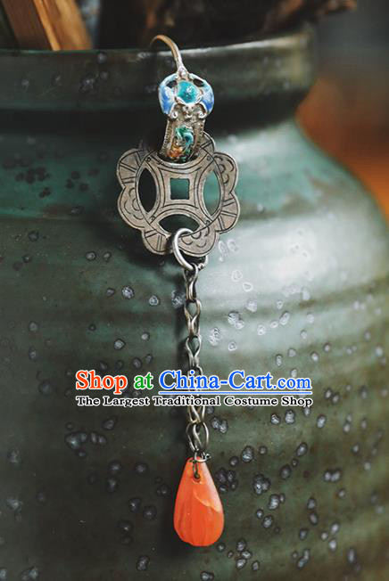 Handmade Chinese Traditional Agate Tassel Ear Jewelry Classical Cheongsam Blueing Earrings Accessories Silver Eardrop