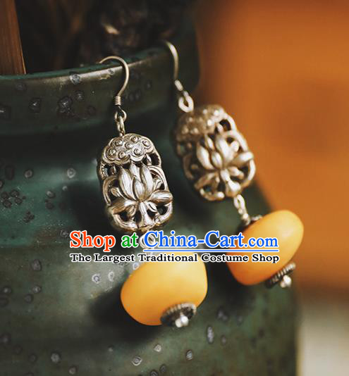 Handmade Chinese Traditional Silver Carving Lotus Ear Jewelry Beeswax Eardrop Classical Cheongsam Earrings Accessories