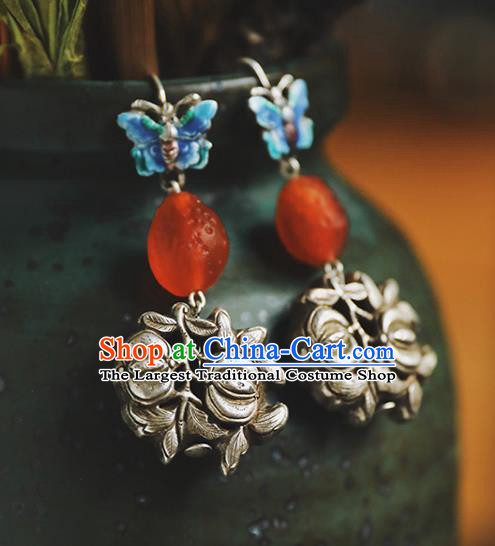 Handmade Chinese Red Quartz Eardrop Classical Cheongsam Earrings Accessories Traditional Blueing Butterfly Ear Jewelry