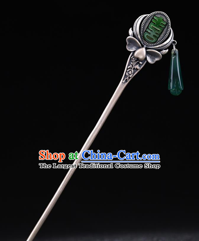China National Wedding Silver Hairpin Handmade Hair Jewelry Accessories Traditional Cheongsam Green Jade Hair Clip
