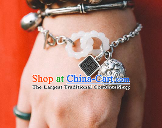 China Traditional White Jade Rings Bracelet Accessories Classical Bangle Silver Bell Wristlet Jewelry