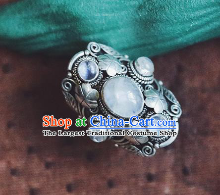 China National Moonstone Ring Traditional Handmade Gems Jewelry Accessories Silver Circlet