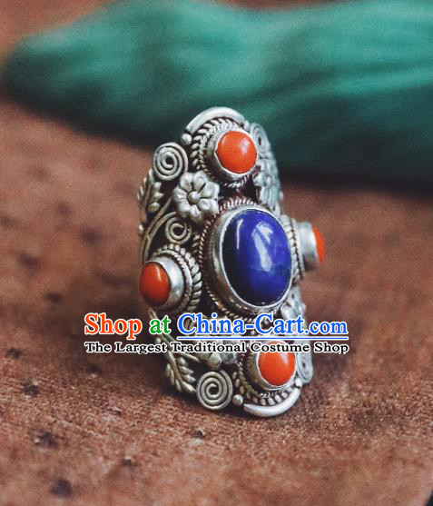 China Traditional Silver Circlet National Corallite Ring Handmade Lapis Jewelry Accessories