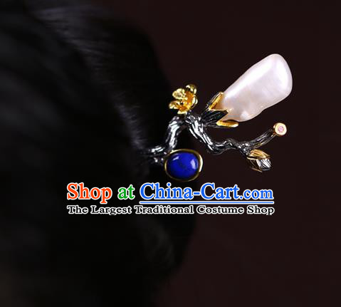 China National Silver Plum Blossom Hairpin Handmade Hair Jewelry Accessories Traditional Cheongsam Pearl Hair Stick