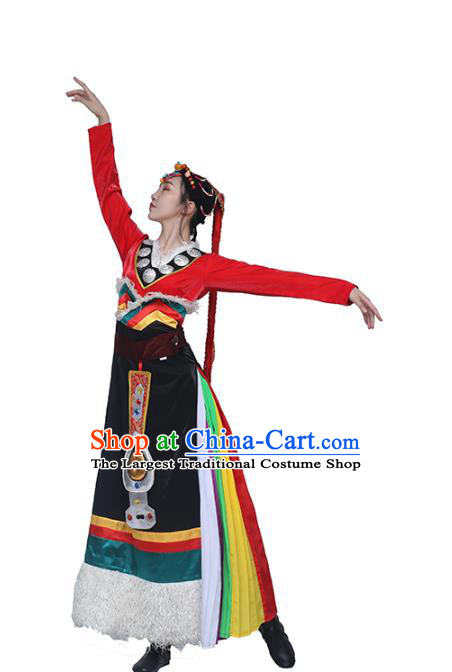 China Traditional Zang Nationality Folk Dance Clothing Tibetan Ethnic Women Dance Red Blouse and Black Skirt Outfits