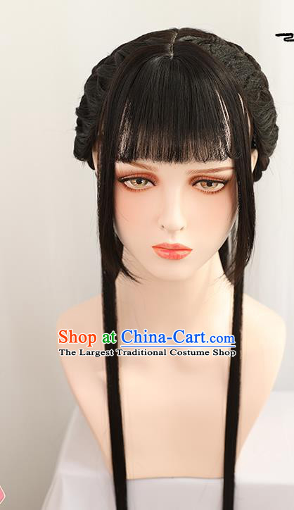 China Traditional Song Dynasty Village Girl Straight Bangs Wiggery Headdress Handmade Ancient Country Lady Wig Sheath