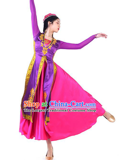 China Traditional Uyghur Nationality Dance Clothing Ethnic Women Folk Dance Purple Dress Outfits