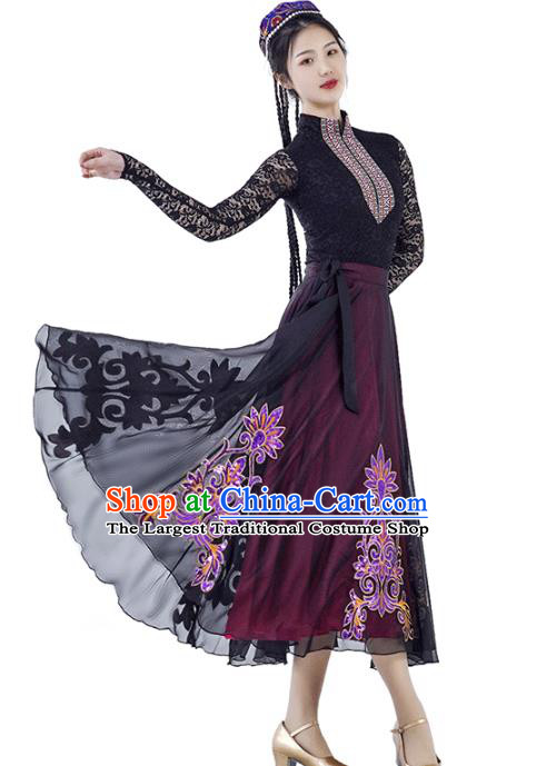 China Traditional Xinjiang Nationality Dance Clothing Uyghur Ethnic Women Black Lace Blouse and Purple Skirt Outfits and Hat