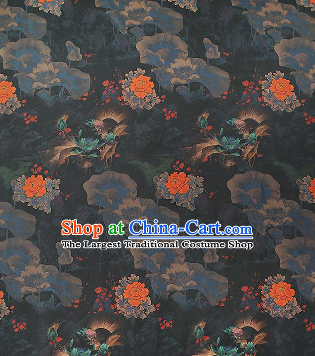 Chinese Black Gambiered Guangdong Gauze Royal Peony Lotus Pattern Brocade Drapery Traditional Cheongsam Silk Fabric