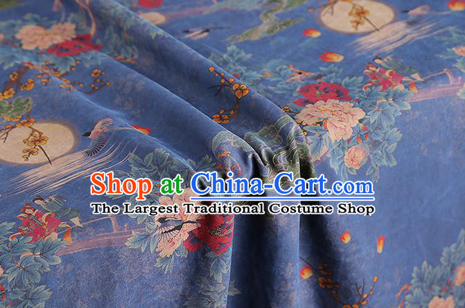 Chinese Traditional Blue Silk Fabric Gambiered Guangdong Gauze Royal Moon Plum Peony Pattern Cheongsam Cloth Drapery