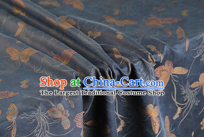 Chinese Traditional Cheongsam Silk Fabric Royal Butterfly Orchids Pattern Navy Song Brocade Gambiered Guangdong Gauze