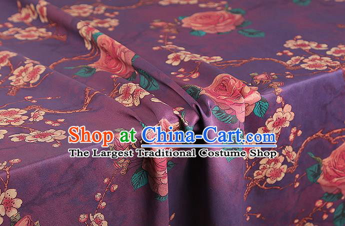 Chinese Traditional Purple Brocade Drapery Cheongsam Gambiered Guangdong Gauze Classical Plum Rose Pattern Silk Fabric