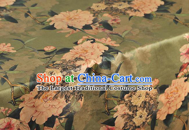 Chinese Classical Peony Pattern Light Green Brocade Drapery Traditional Gambiered Guangdong Gauze Cheongsam Silk Fabric