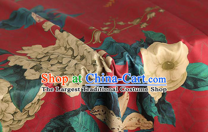 Chinese Classical Camellia Pattern Red Brocade Drapery Traditional Gambiered Guangdong Gauze Cheongsam Silk Fabric