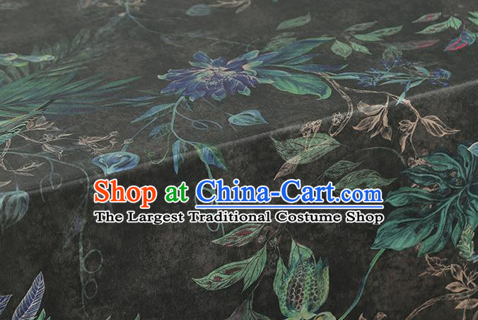 Chinese Classical Epiphyllum Pattern Black Silk Drapery Traditional Brocade Fabric Qipao Dress Satin