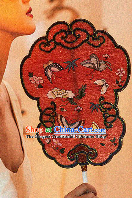 China Traditional Hanfu Red Silk Fan Handmade Butterfly Pattern Fans Wedding Palace Fan