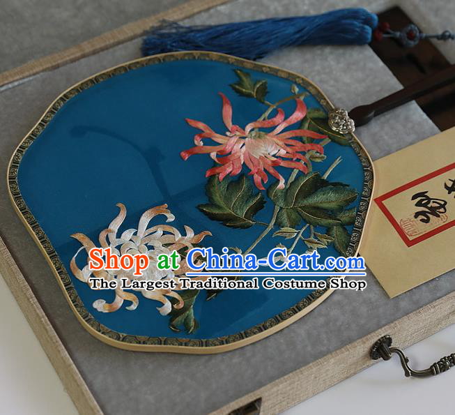 China Wedding Embroidered Chrysanthemum Palace Fan Handmade Fans Traditional Hanfu Blue Silk Fan