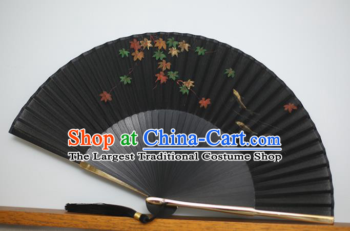 China Traditional Printing Maple Leaf Fan Accordion Classical Folding Fan Black Silk Fans
