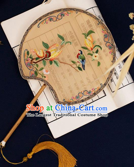 China Handmade Embroidered Court Fan Hanfu Bamboo Palace Fan Traditional Apricot Silk Fan