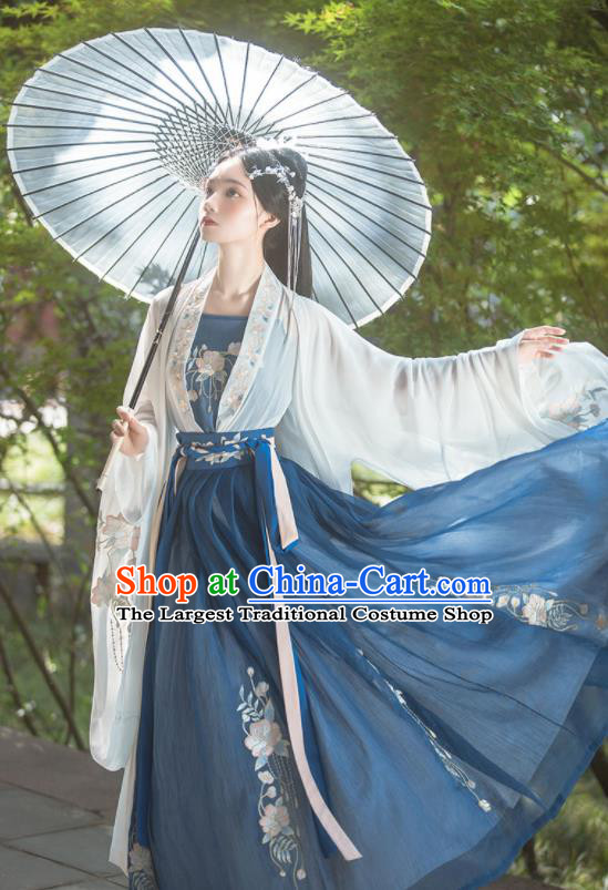 Chinese Traditional Deep Blue Runqun Hanfu Dress Tang Dynasty Beauty Garment Costumes Ancient Young Lady Clothing Set