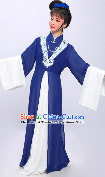 China Traditional Huangmei Opera Meng Jiang Nv Garment Costumes Shaoxing Opera Young Woman Blue Dress Clothing and Headdress