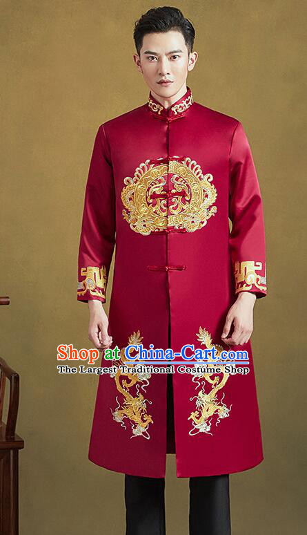 Chinese Embroidered Dragon Costumes Groom Long Mandarin Jacket Clothing Traditional Tang Zhuang Wedding Suits