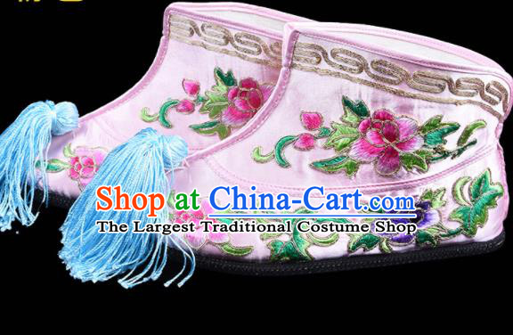Chinese Swordswoman Embroidery Peony Pink Boots Traditional Opera Shoes Beijing Opera Wudan Embroidered Boots