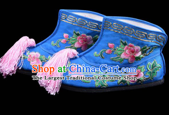 Chinese Beijing Opera Wudan Embroidered Boots Swordswoman Embroidery Peony Boots Traditional Opera Deep Blue Shoes
