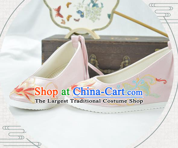 China Women Pink Cloth Shoes National Embroidered Lotus Shoes Traditional New Year Shoes