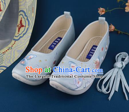 China Traditional Ming Dynasty Shoes Light Blue Shoes National Embroidered Butterfly Shoes