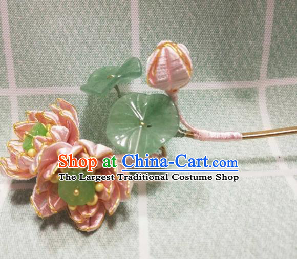 Chinese Traditional Jade Leaf Hairpin Hanfu Hair Accessories Ancient Song Dynasty Princess Pink Silk Lotus Hair Stick