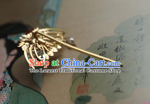 Chinese Traditional Pearls Tassel Phoenix Hairpin Hanfu Hair Accessories Ancient Ming Dynasty Empress Golden Hair Stick