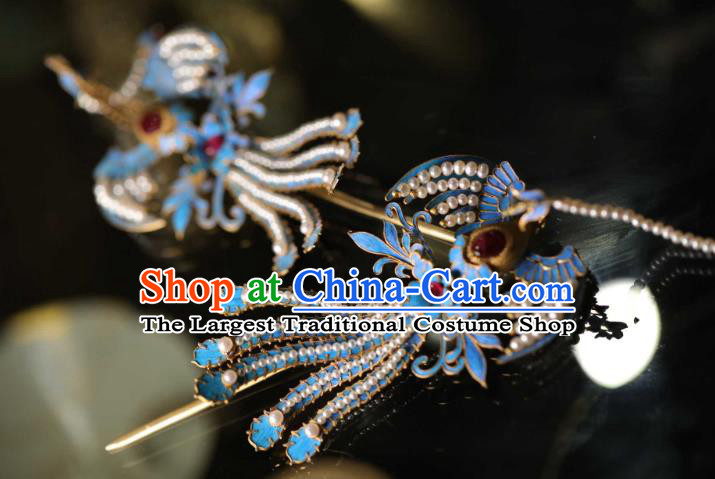 Chinese Traditional Ruby Hairpin Hanfu Hair Accessories Ancient Ming Dynasty Empress Pearls Phoenix Hair Crown
