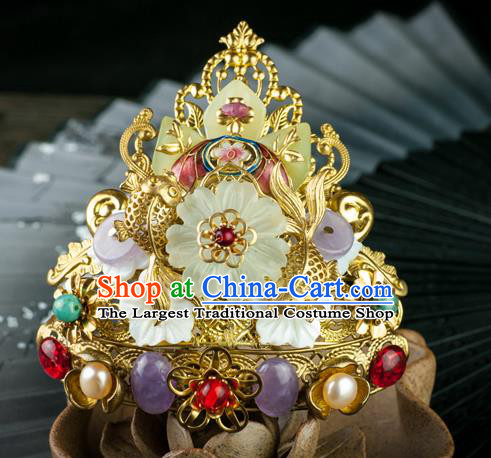 Chinese Ancient Empress Gems Hair Crown Traditional Ming Dynasty Jade Golden Hair Comb