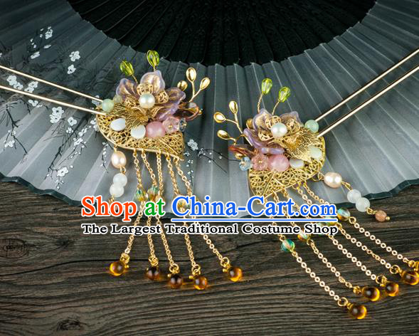 Chinese Traditional Ming Dynasty Princess Pearls Hairpin Ancient Palace Lady Topaz Tassel Hair Stick