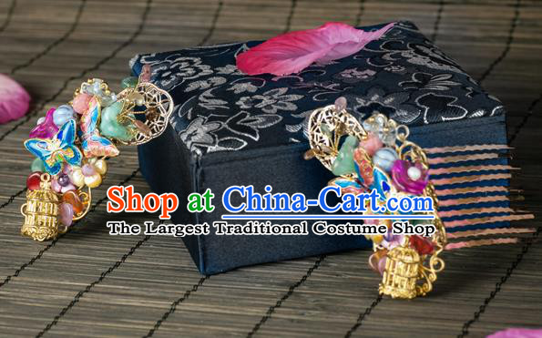 Chinese Ancient Palace Lady Cloisonne Butterfly Hair Comb Traditional Ming Dynasty Golden Hairpin