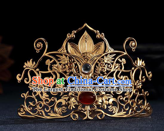 Chinese Ancient Queen Hair Accessories Traditional Ming Dynasty Empress Golden Lotus Hair Crown
