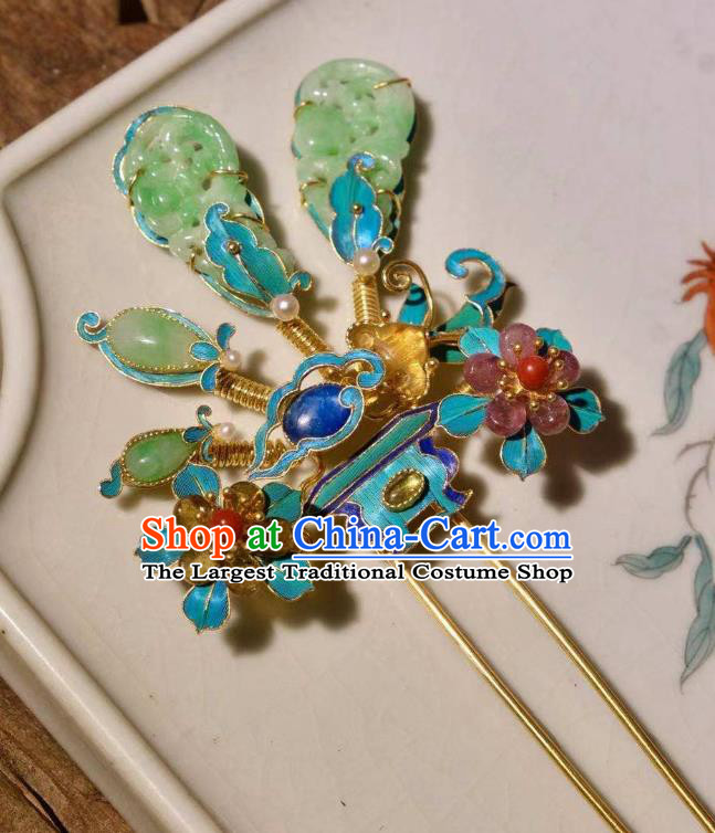 Chinese Ancient Court Empress Cloisonne Hairpin Traditional Qing Dynasty Imperial Concubine Jade Hair Stick