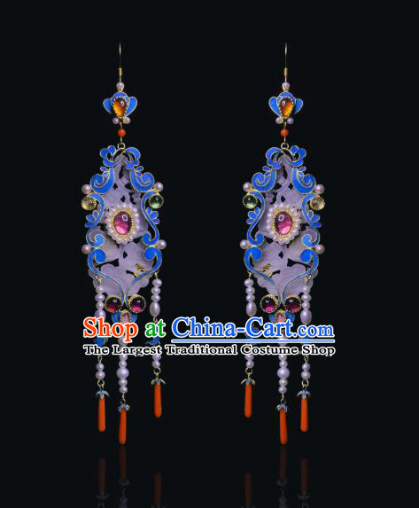 Chinese Ancient Queen Pearls Ear Jewelry Traditional Qing Dynasty Empress Jade Earrings Accessories