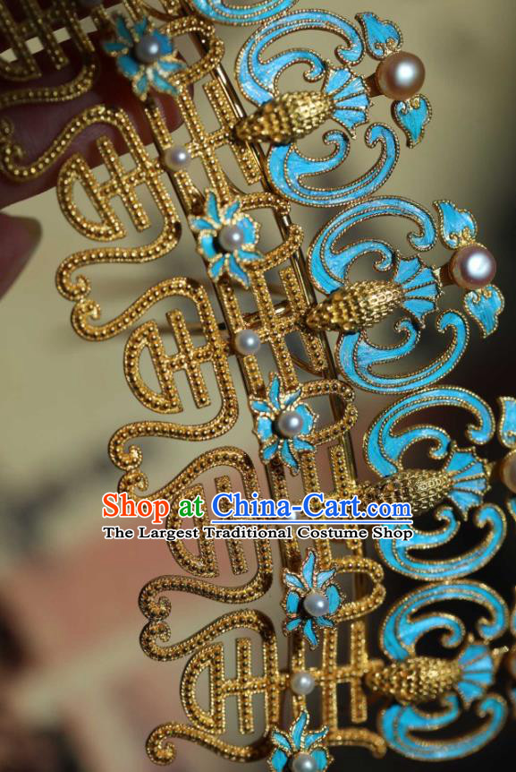 Chinese Ancient Empress Cloisonne Phoenix Hair Crown Handmade Hair Accessories Traditional Ming Dynasty Pearls Hairpin