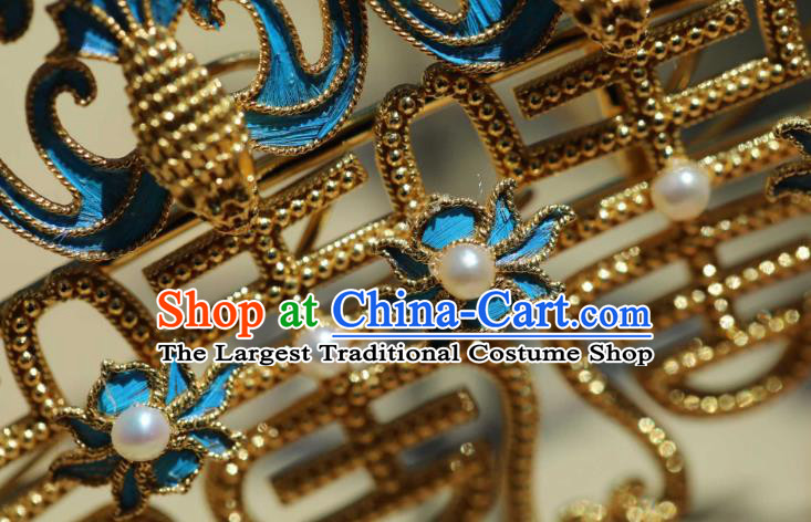 Chinese Ancient Empress Cloisonne Phoenix Hair Crown Handmade Hair Accessories Traditional Ming Dynasty Pearls Hairpin