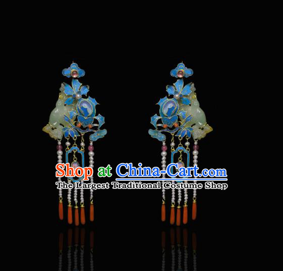 Chinese Traditional Agate Jewelry Qing Dynasty Empress Jade Earrings Ancient Queen Pearls Tassel Ear Accessories