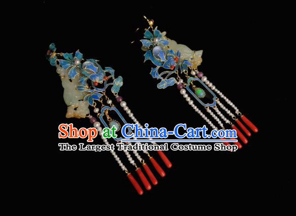 Chinese Traditional Agate Jewelry Qing Dynasty Empress Jade Earrings Ancient Queen Pearls Tassel Ear Accessories