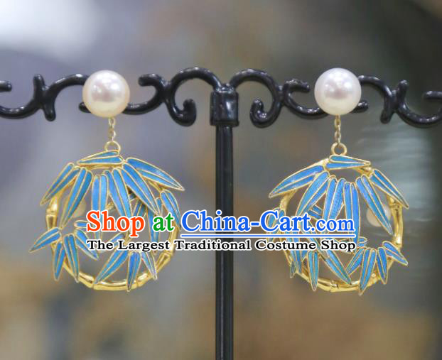 Chinese Traditional Jewelry Ancient Queen Ear Accessories Qing Dynasty Empress Blueing Bamboo Leaf Earrings