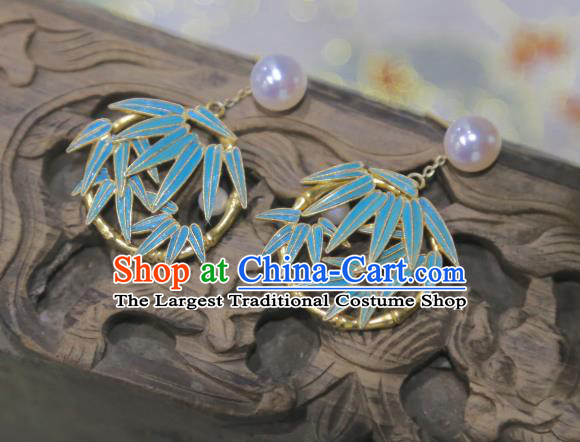 Chinese Traditional Jewelry Ancient Queen Ear Accessories Qing Dynasty Empress Blueing Bamboo Leaf Earrings