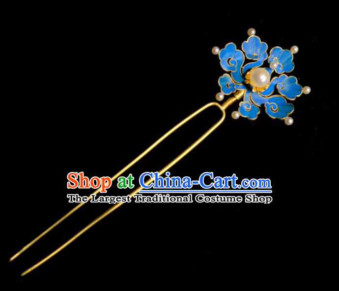 Chinese Ancient Court Queen Pearls Hair Jewelry Traditional Qing Dynasty Empress Blue Cloud Hairpin