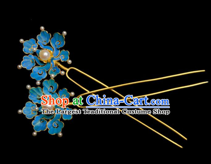 Chinese Ancient Court Queen Pearls Hair Jewelry Traditional Qing Dynasty Empress Blue Cloud Hairpin