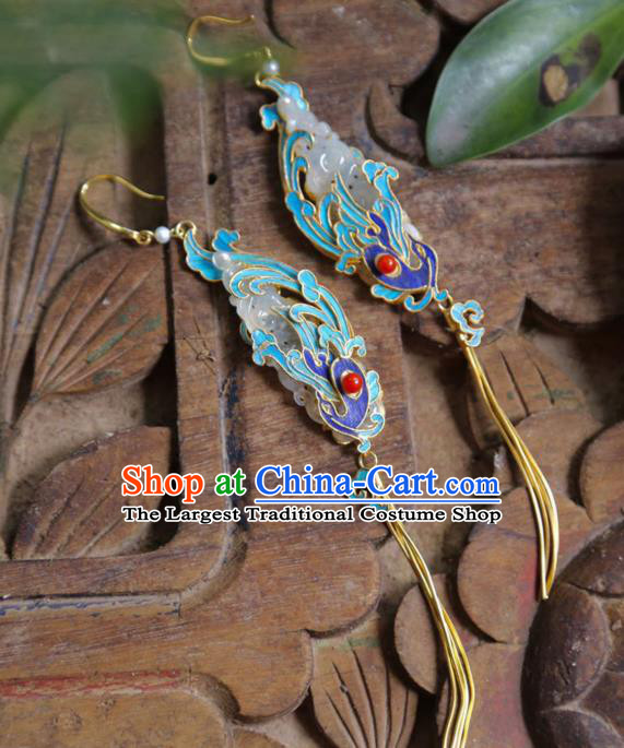 Chinese Ancient Queen Blueing Phoenix Ear Accessories Traditional Jewelry Qing Dynasty Empress Jade Earrings