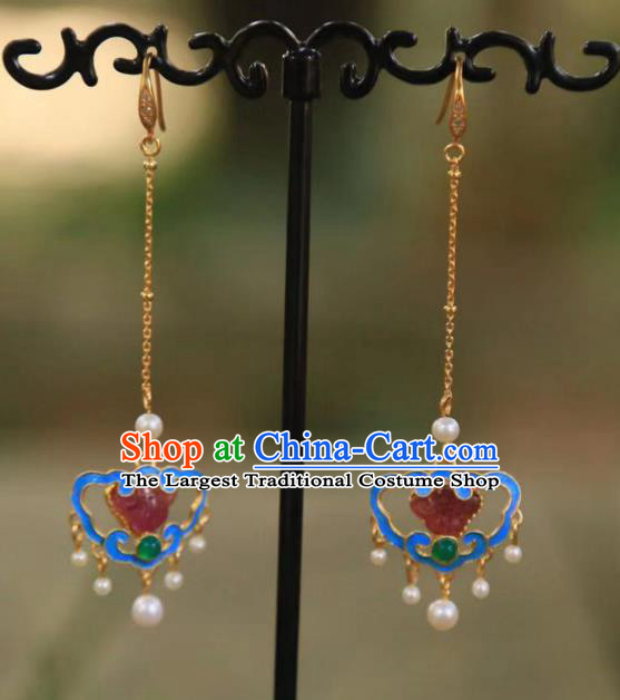 Chinese Traditional Tourmaline Jewelry Qing Dynasty Empress Blueing Earrings Ancient Queen Pearls Ear Accessories