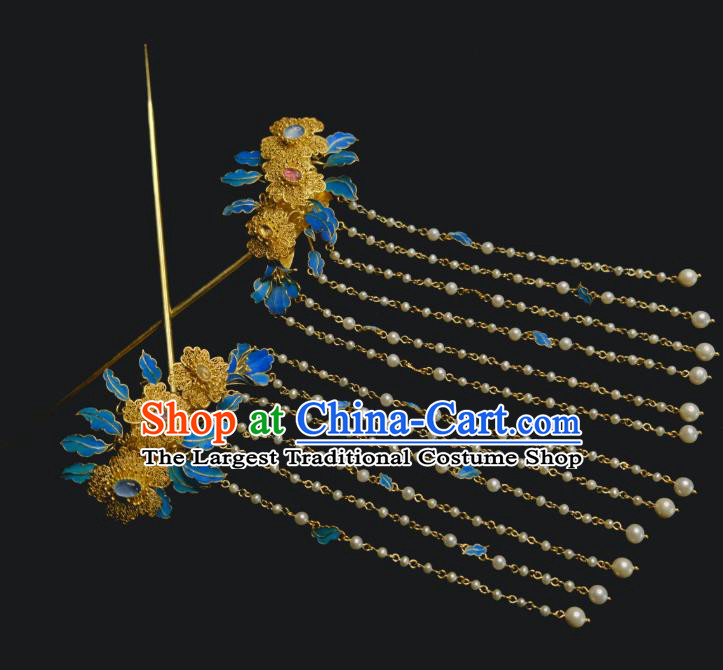 Chinese Ancient Court Empress Filigree Hair Jewelry Traditional Qing Dynasty Pearls Tassel Hairpin